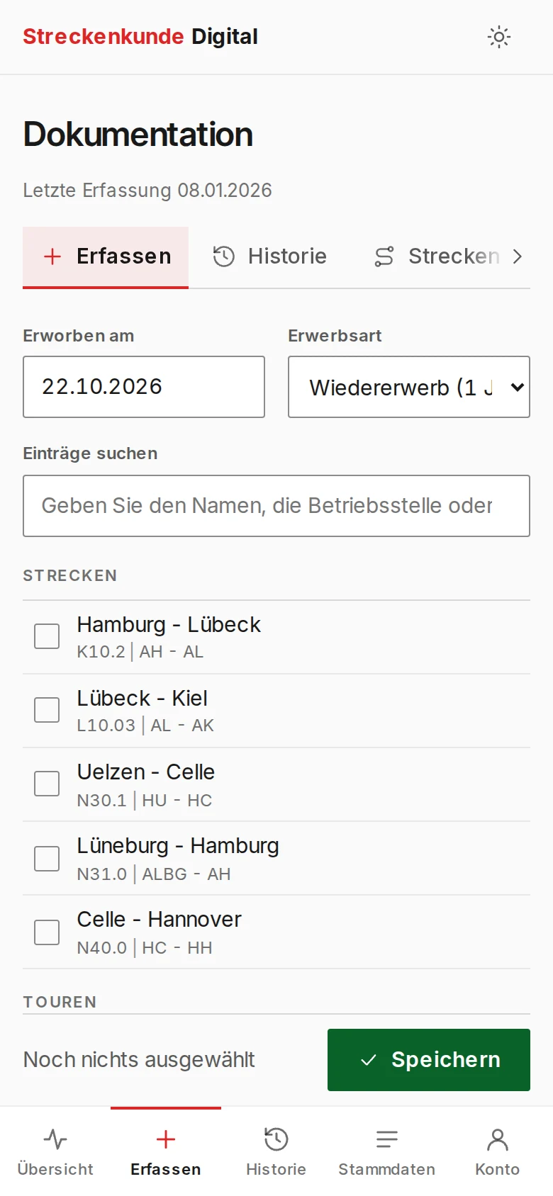 Erfassen einer Dokumentation: Strecken, Touren und Baureihen auswählen und speichern