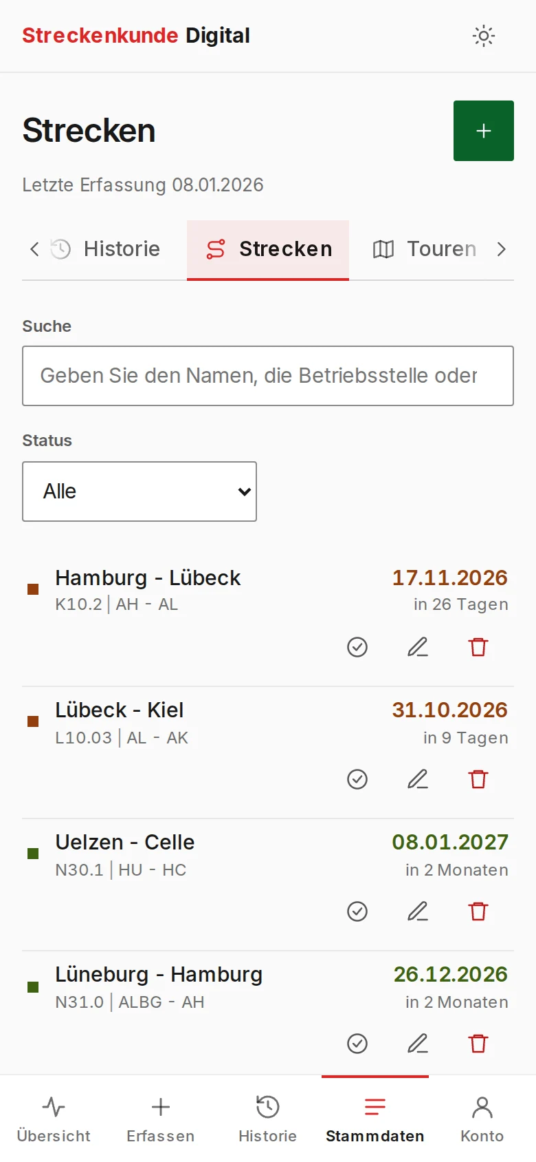 Liste der Strecken mit Ablaufstatus und Aktionen